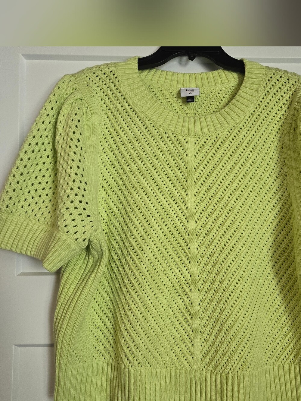 Cabi Lime Open-Knit Short Sleeve Sweater